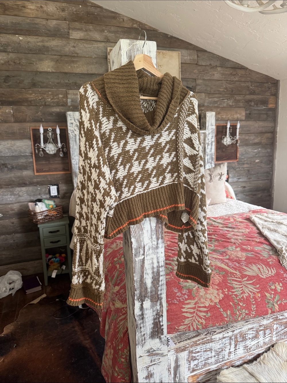 Free People Olive Green and Cream Patterned Cowl Neck Sweater